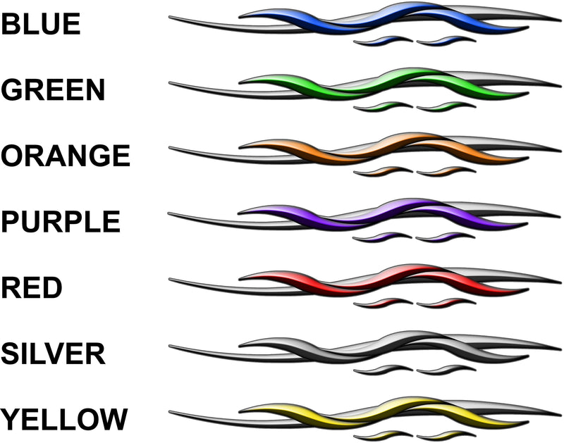 Row of the seven color samples available for the Spear decal stripes. Colors shown are blue, green, orange, purple, red, silver, yellow.